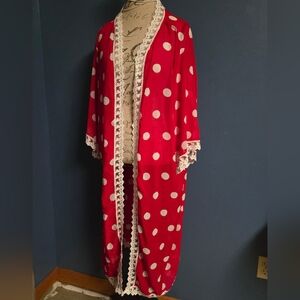 Lularoe-Red Large White Polka Dot Kimono with Lace Trim- Sz LG